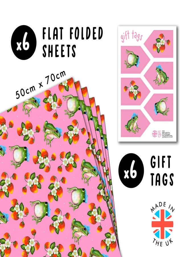 CENTRAL 23 - Pink Wrapping Paper - 6 Birthday Gift Wrap Sheets - For Women Girls Female - Frogs and Strawberries - Recyclable - Image 2